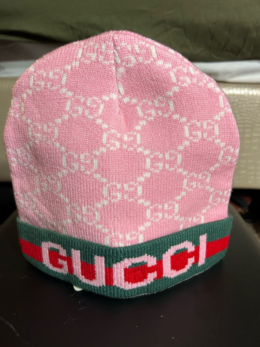 Gucci Kids Pink Knit Beanie with Green & Red Logo Cuff